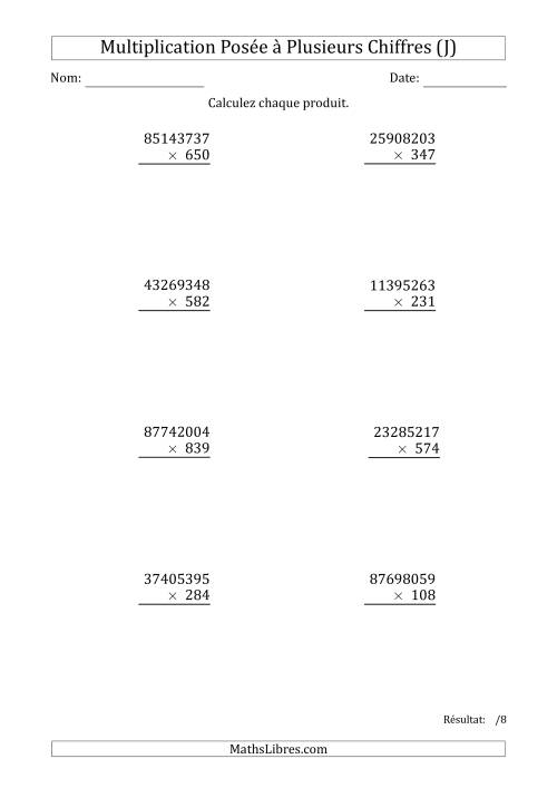 Multiplication d'un Nombre à 8 Chiffres par un Nombre à 3 Chiffres (J)