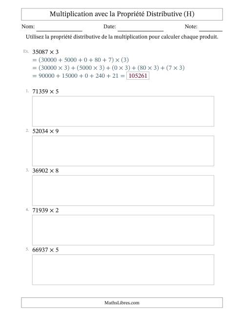 Multiplier des nombres à 5 chiffres par des nombres à 1 chiffres à l'aide de la propriété distributive (H)