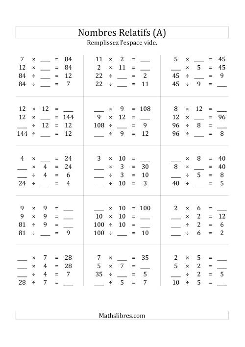 Multiplication & la Division des Nombres Relatifs Jusqu'à 144 (A)