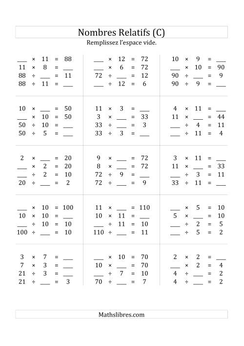 Multiplication & la Division des Nombres Relatifs Jusqu'à 144 (C)