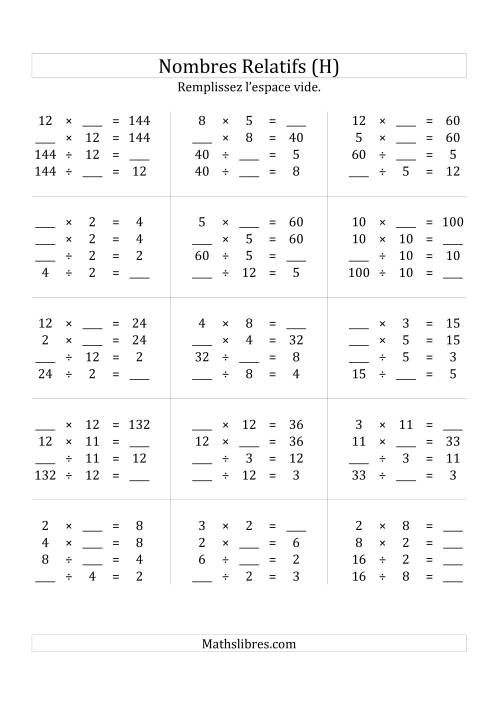 Multiplication & la Division des Nombres Relatifs Jusqu'à 144 (H)
