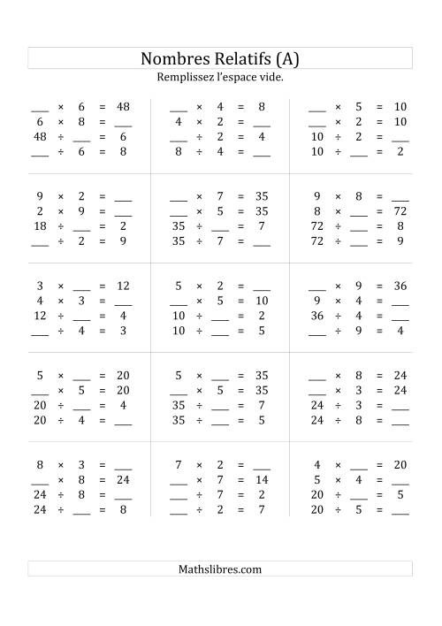 Multiplication & la Division des Nombres Relatifs Jusqu'à 81 (A)