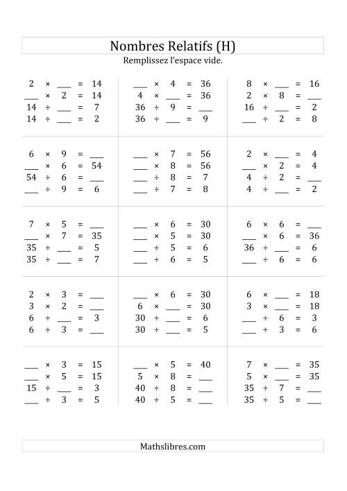 Multiplication & la Division des Nombres Relatifs Jusqu'à 81 (H)