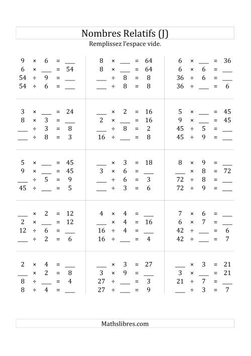 Multiplication & la Division des Nombres Relatifs Jusqu'à 81 (J)