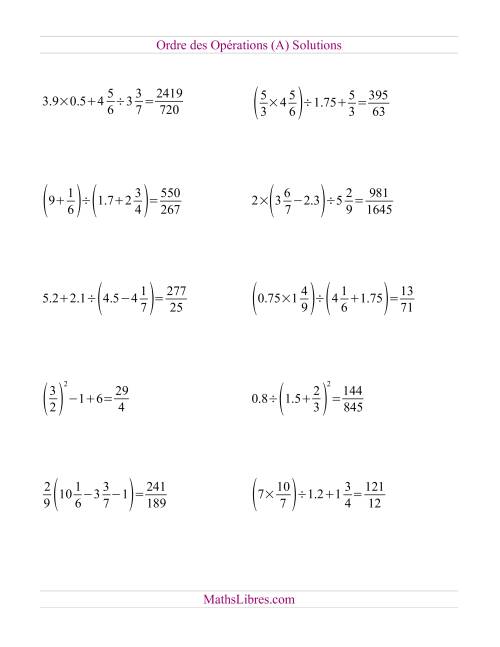 Ordre des opérations avec fractions et nombres décimaux -- Toutes opérations (nombres positifs seulement) (A) page 2