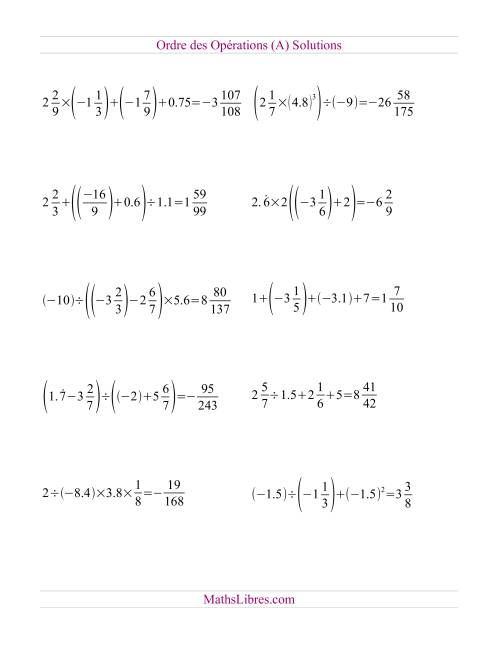 Ordre des opérations avec fractions et nombres décimaux -- Toutes opérations (A) page 2