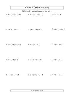 Ordre des opérations avec nombres entiers (deux étapes) -- Addition et multiplication