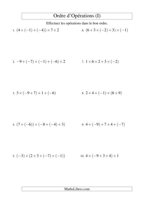 Ordre des opérations avec nombres entiers (quatre étapes) -- Addition et multiplication (I)