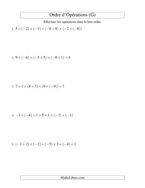 Ordre des opérations avec nombres entiers (six étapes) -- Addition et multiplication (G)