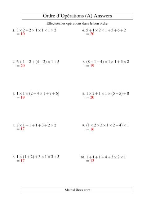 Ordre des opérations avec nombres entiers (six étapes) -- Addition et multiplication (nombres positifs seulement) (Ancien) page 2