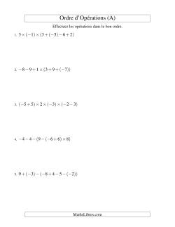 Ordre des opérations avec nombres entiers (cinq étapes) -- Addition, soustraction et multiplication