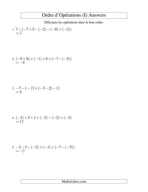 Ordre des opérations avec nombres entiers (cinq étapes) -- Addition, soustraction et multiplication (I) page 2