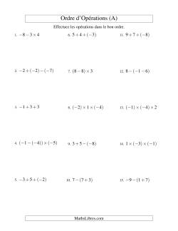 Ordre des opérations avec nombres entiers (deux étapes) -- Addition, soustraction et multiplication