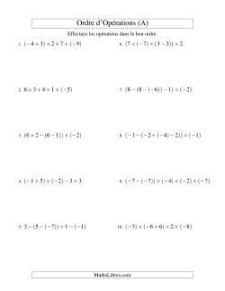 Ordre des opérations avec nombres entiers (quatre étapes) -- Addition, soustraction et multiplication