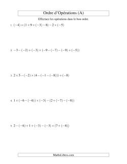 Ordre des opérations avec nombres entiers (six étapes) -- Addition, soustraction et multiplication