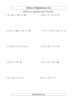 Ordre des opérations avec nombres entiers (trois étapes) -- Addition, soustraction et multiplication