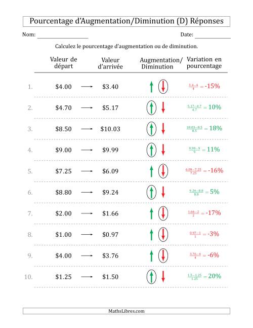 Calcul d'un Pourcentage d'Augmentation/Diminution avec des Montants Décimaux en Dollars avec des Intervales de 1 Pour Cent (D) page 2