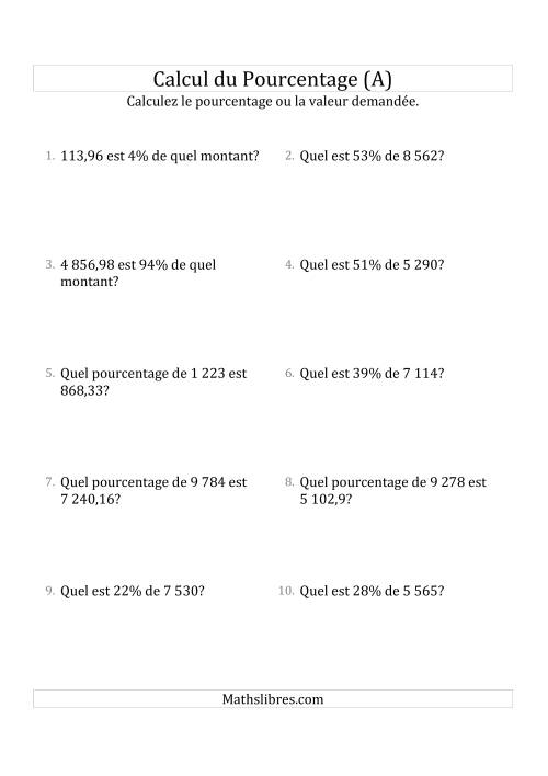 Problèmes de Pourcentage Mixtes avec des Montants de Nombres Décimaux et des Pourcentages Variant de 1 à 99 (A)