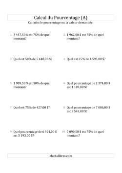 Problèmes de Pourcentage Mixtes avec des Montants de Nombres Décimaux et des Pourcentages Multiples de 25 (Sommes en Dollars)