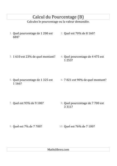 Problèmes de Pourcentage Mixtes avec des Montants de Nombres Entiers et des Pourcentages Variant de 1 à 99 (B)