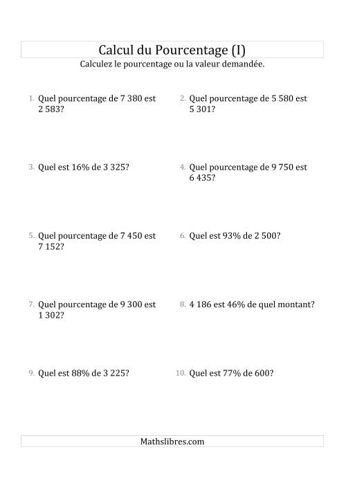 Problèmes de Pourcentage Mixtes avec des Montants de Nombres Entiers et des Pourcentages Variant de 1 à 99 (I)
