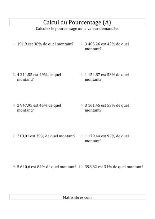 Calcul du Montant Original des Nombres Décimaux et des Pourcentages Variant de 1 à 99 (A)