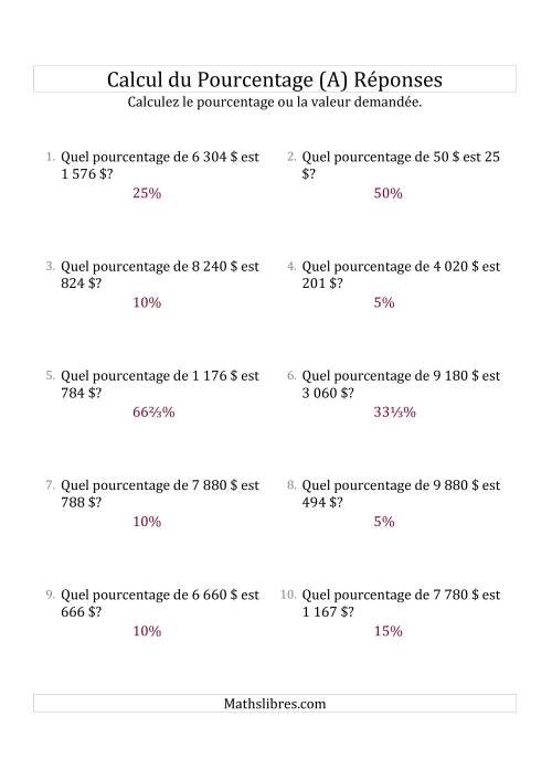 Calcul du Taux de Pourcentage des Nombres Entiers et la Sélection de Pourcentages (Sommes en Dollars) (A) page 2
