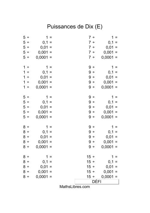 Nombres un-chiffre divisés par puissances négatives de dix (E)