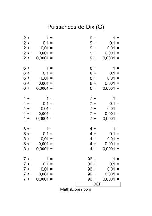 Nombres un-chiffre divisés par puissances négatives de dix (G)
