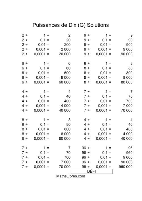Nombres un-chiffre divisés par puissances négatives de dix (G) page 2