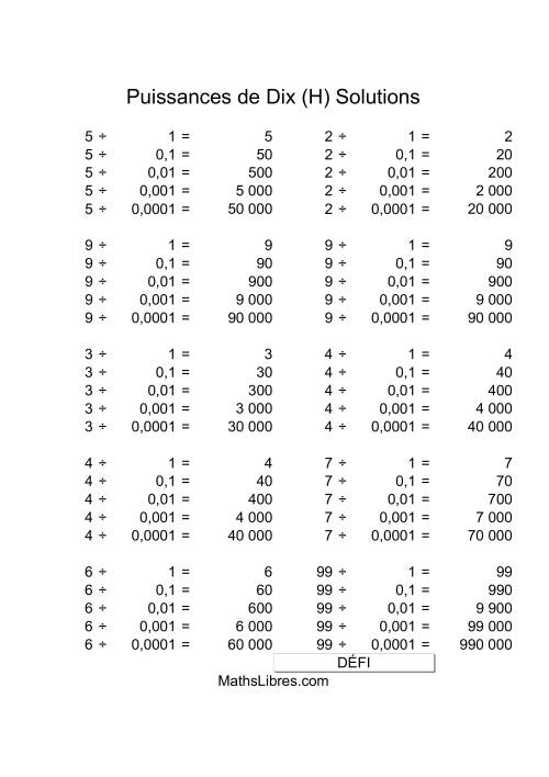 Nombres un-chiffre divisés par puissances négatives de dix (H) page 2