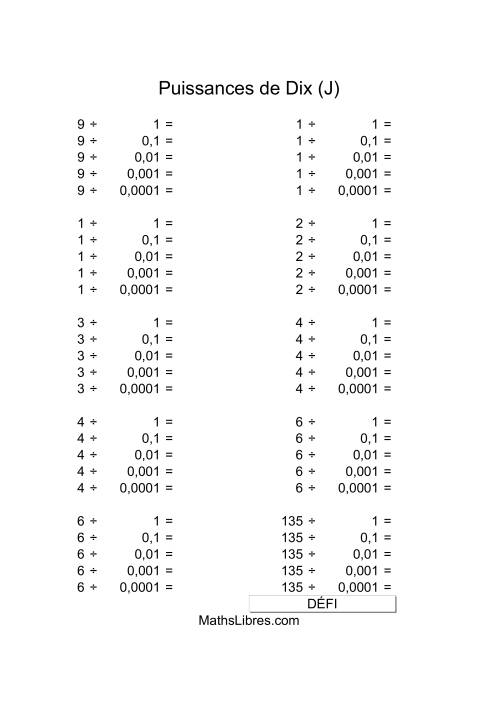 Nombres un-chiffre divisés par puissances négatives de dix (J)