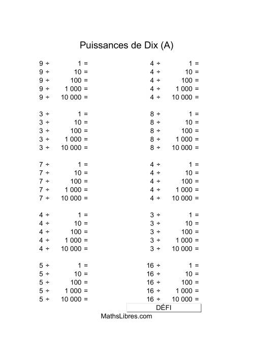 Nombres un-chiffre divisés par puissances positives de dix (A)