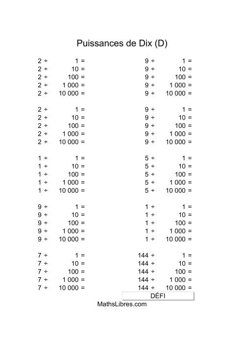 Nombres un-chiffre divisés par puissances positives de dix (D)