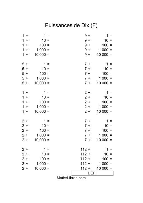 Nombres un-chiffre divisés par puissances positives de dix (F)