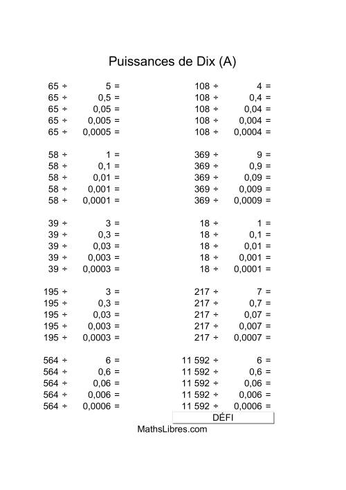 Nombres deux-chiffres divisés par multiples de puissances négatives de dix (A)