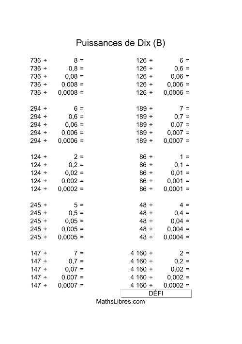 Nombres deux-chiffres divisés par multiples de puissances négatives de dix (B)