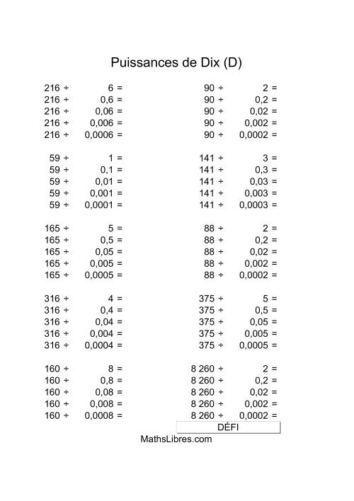 Nombres deux-chiffres divisés par multiples de puissances négatives de dix (D)