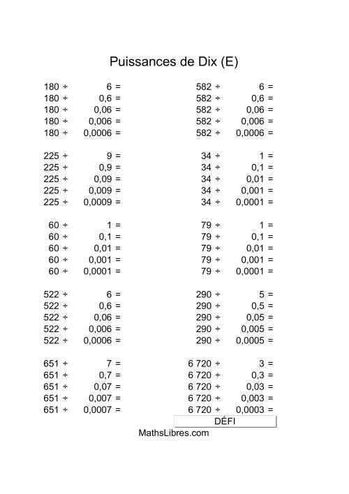 Nombres deux-chiffres divisés par multiples de puissances négatives de dix (E)