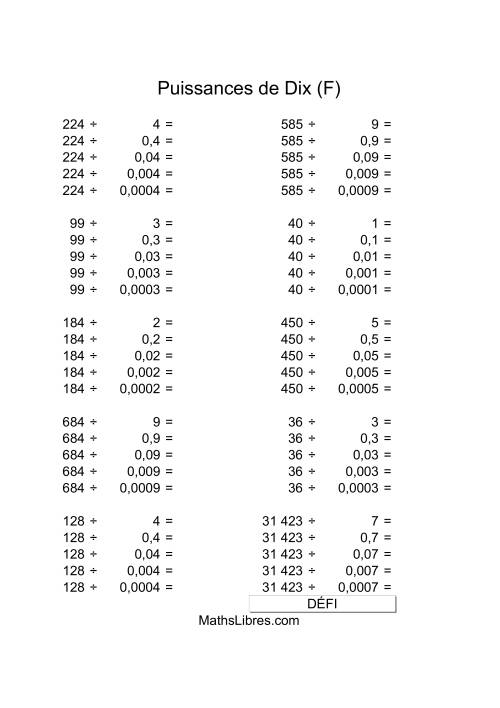 Nombres deux-chiffres divisés par multiples de puissances négatives de dix (F)