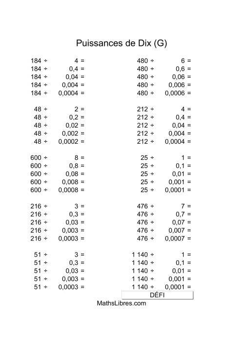 Nombres deux-chiffres divisés par multiples de puissances négatives de dix (G)