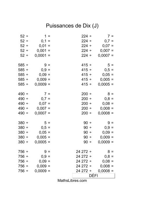 Nombres deux-chiffres divisés par multiples de puissances négatives de dix (J)