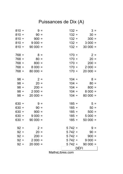 Nombres deux-chiffres divisés par multiples de puissances négatives de dix (A)