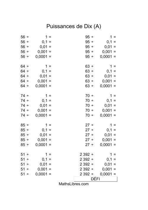 Nombres deux-chiffres divisés par puissances négatives de dix (A)