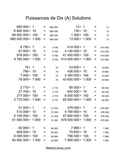 Nombres entiers divisés par puissances positives de dix (quotients entiers) (A) page 2