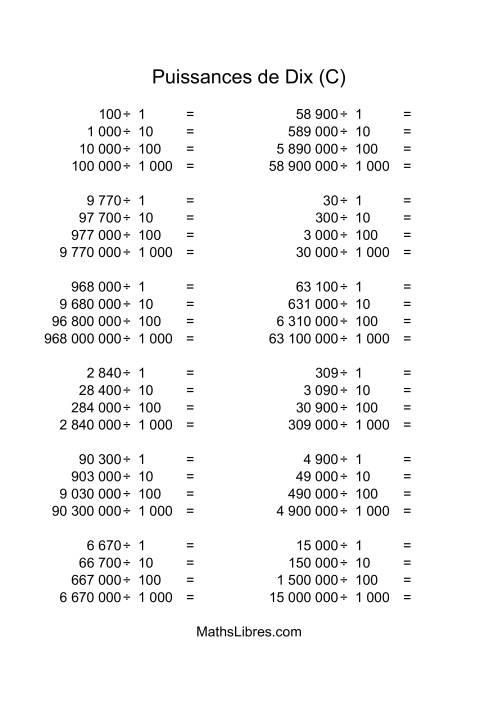 Nombres entiers divisés par puissances positives de dix (quotients entiers) (C)