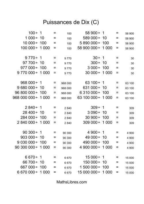 Nombres entiers divisés par puissances positives de dix (quotients entiers) (C) page 2