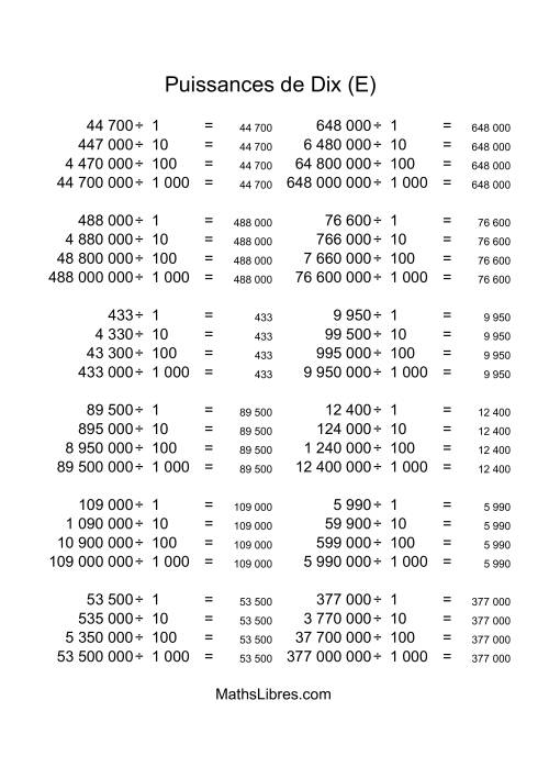 Nombres entiers divisés par puissances positives de dix (quotients entiers) (E) page 2