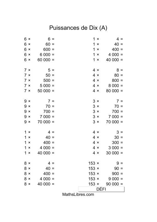 Nombres un-chiffre multipliés par multiples de puissances positives de dix (A)