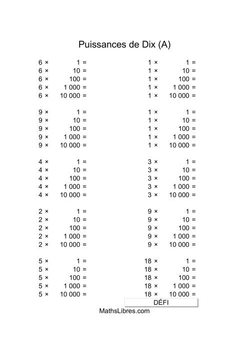 Nombres un-chiffre multipliés par puissances positives de dix (A)